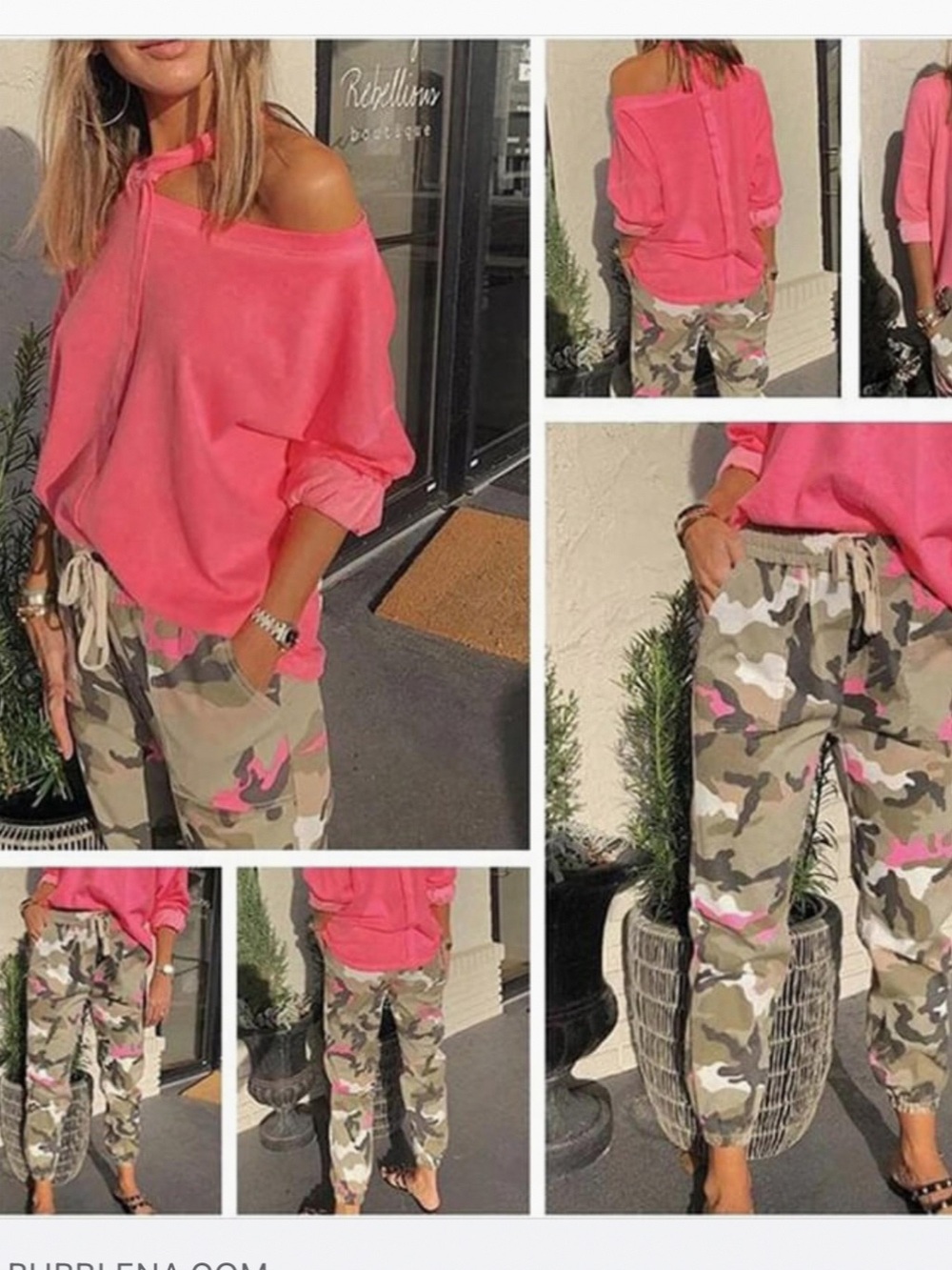 Women’s Off-Shoulder Pink Top & Camo Jogger Set